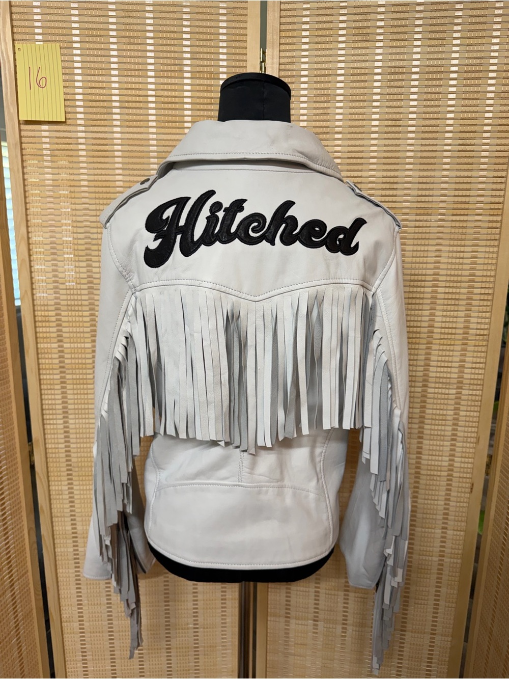 Nasty Gal Light Gray Leather Fringe Jacket with Black 'Hitched' Applique